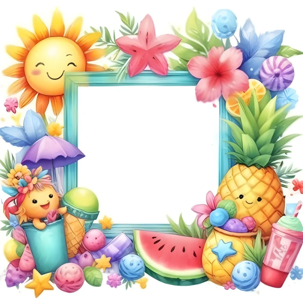 Digital Painting A Colorful Frame Decorated With A Smiling Sun Flowers A Pineapple A Teddy Bear And Various Summer Themed Items Like Watermelons Ice Cream And Candies The Center Of The Frame Is Empty Ready For Te 41 62c7