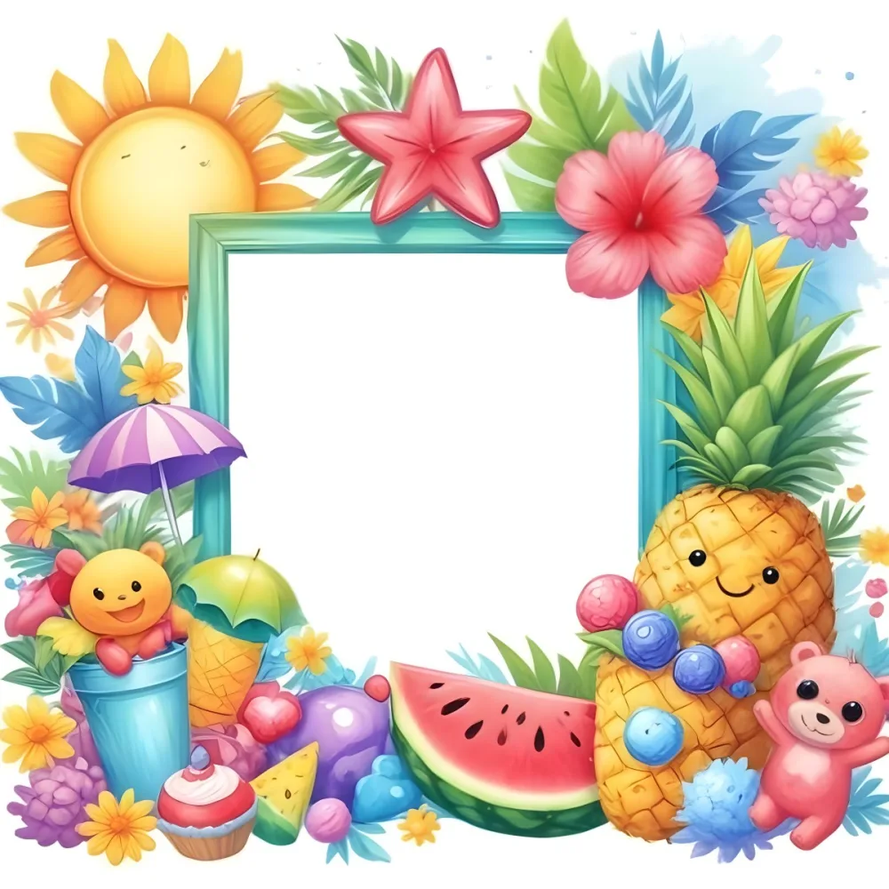 Digital Painting A Colorful Frame Decorated With A Smiling Sun Flowers A Pineapple A Teddy Bear And Various Summer Themed Items Like Watermelons Ice Cream And Candies The Center Of The Frame Is Empty Ready For Te 42 F63a