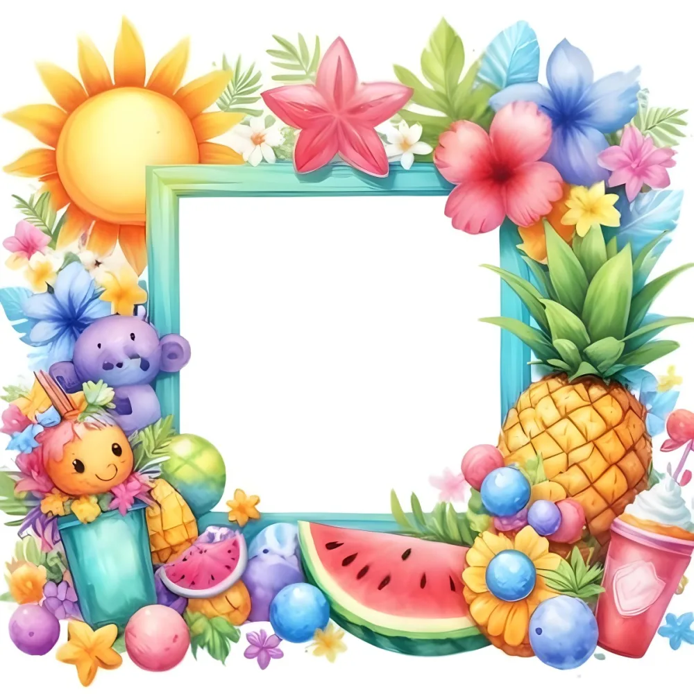 Digital Painting A Colorful Frame Decorated With A Smiling Sun Flowers A Pineapple A Teddy Bear And Various Summer Themed Items Like Watermelons Ice Cream And Candies The Center Of The Frame Is Empty Ready For Te 43 895e