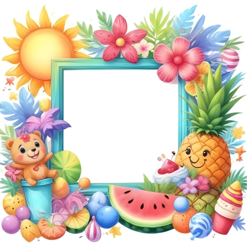 Digital Painting A Colorful Frame Decorated With A Smiling Sun Flowers A Pineapple A Teddy Bear And Various Summer Themed Items Like Watermelons Ice Cream And Candies The Center Of The Frame Is Empty Ready For Te 45 2d6b