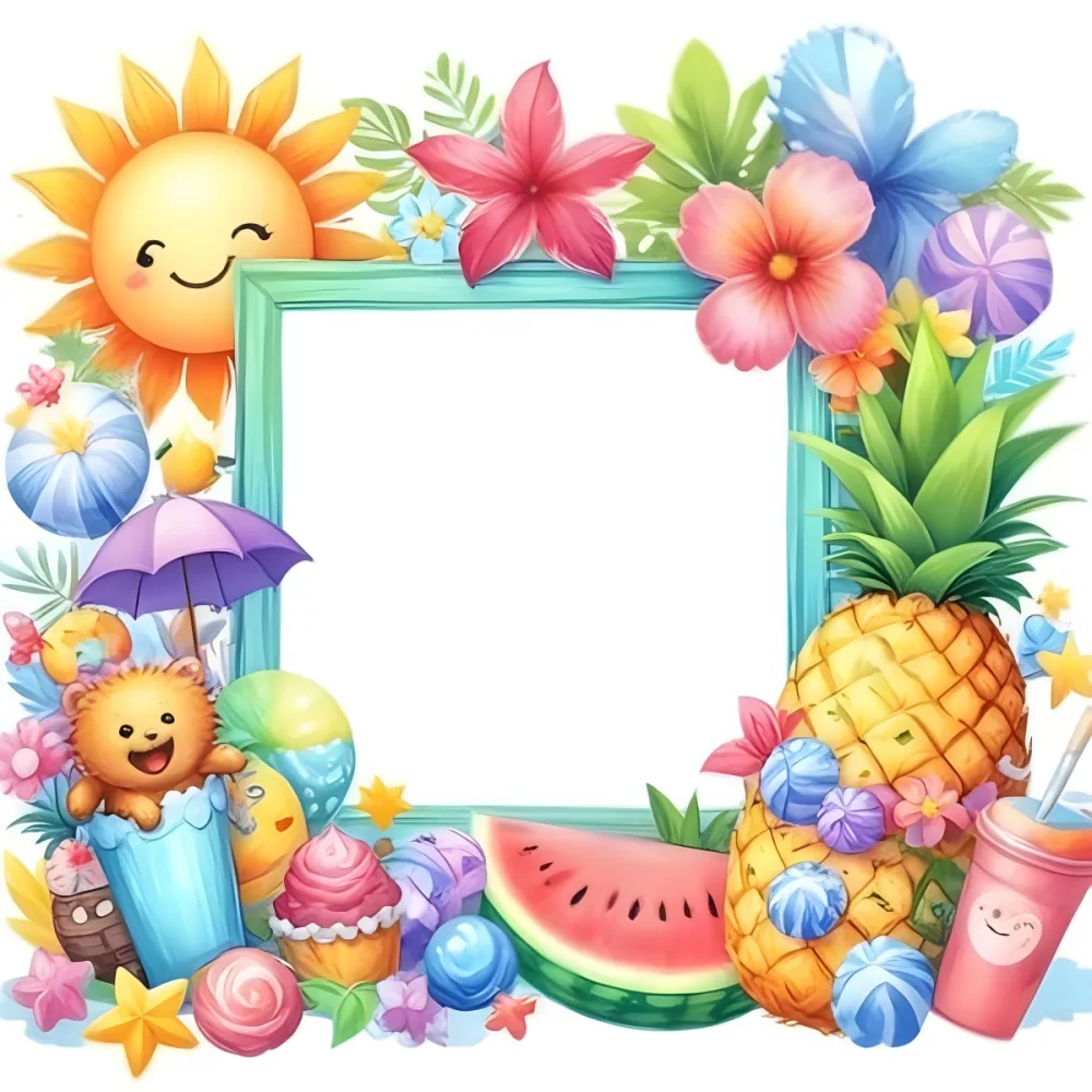 Digital Painting A Colorful Frame Decorated With A Smiling Sun Flowers A Pineapple A Teddy Bear And Various Summer Themed Items Like Watermelons Ice Cream And Candies The Center Of The Frame Is Empty Ready For Te 46 033d
