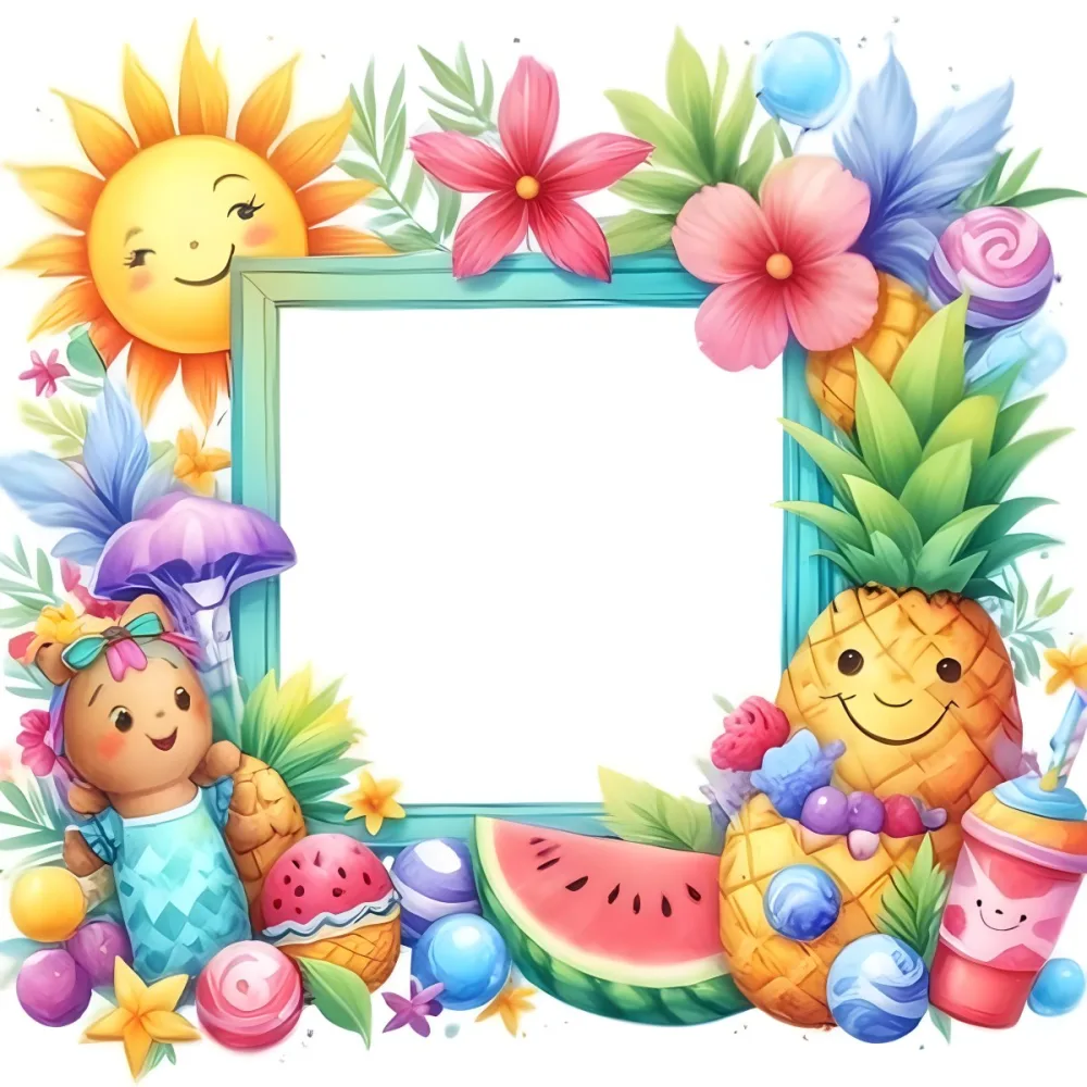 Digital Painting A Colorful Frame Decorated With A Smiling Sun Flowers A Pineapple A Teddy Bear And Various Summer Themed Items Like Watermelons Ice Cream And Candies The Center Of The Frame Is Empty Ready For Te 47 1ab0