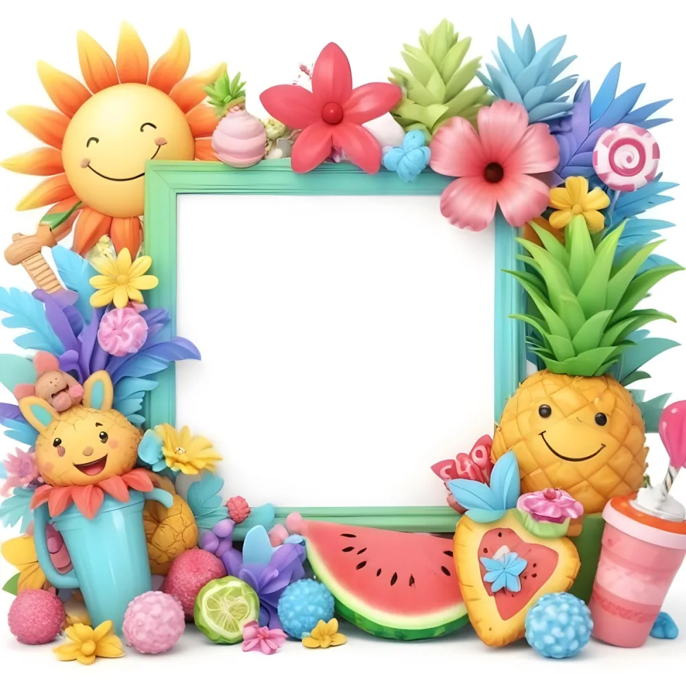Digital Painting A Colorful Frame Decorated With A Smiling Sun Flowers A Pineapple A Teddy Bear And Various Summer Themed Items Like Watermelons Ice Cream And Candies The Center Of The Frame Is Empty Ready For Te 5 C30a