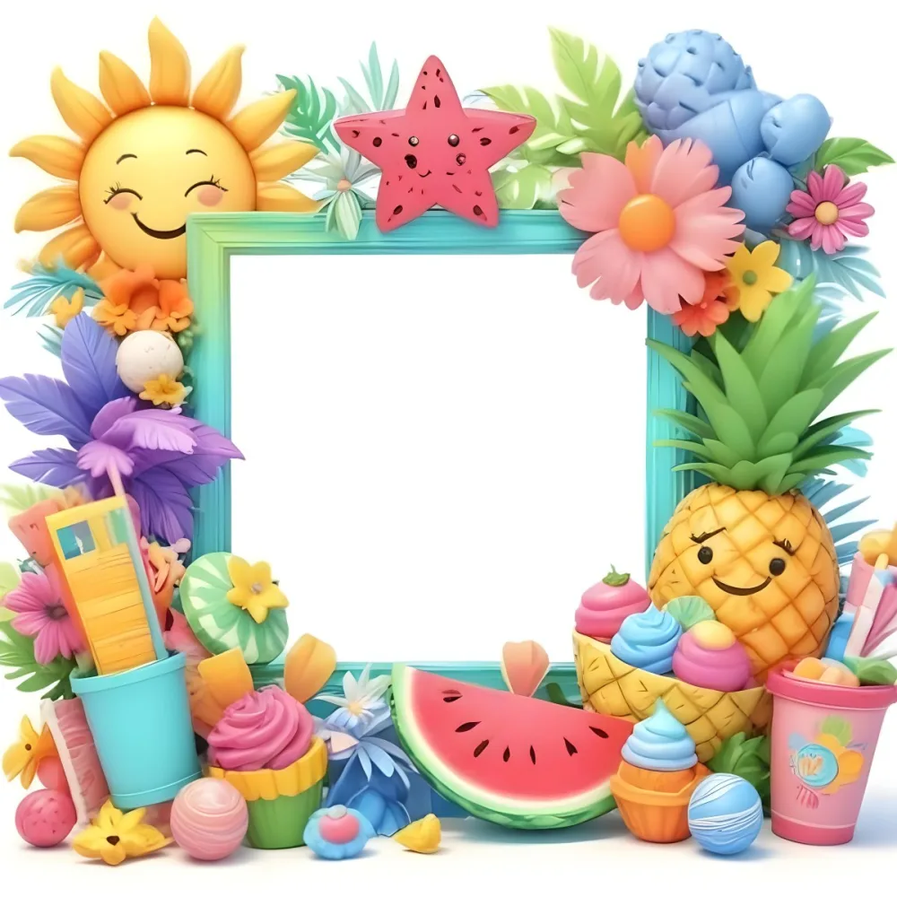 Digital Painting A Colorful Frame Decorated With A Smiling Sun Flowers A Pineapple A Teddy Bear And Various Summer Themed Items Like Watermelons Ice Cream And Candies The Center Of The Frame Is Empty Ready For Te 6 1f17