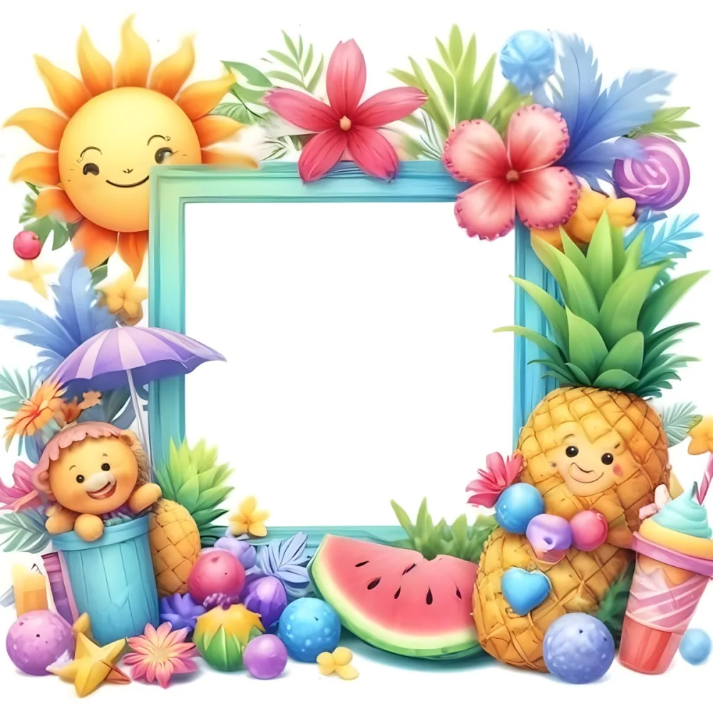 Digital Painting A Colorful Frame Decorated With A Smiling Sun Flowers A Pineapple A Teddy Bear And Various Summer Themed Items Like Watermelons Ice Cream And Candies The Center Of The Frame Is Empty Ready For Te 7 3945