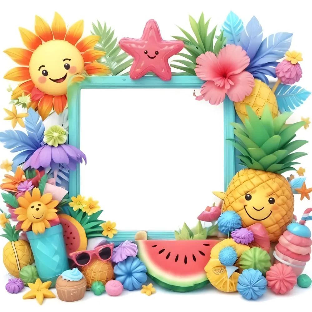 Digital Painting A Colorful Frame Decorated With A Smiling Sun Flowers A Pineapple A Teddy Bear And Various Summer Themed Items Like Watermelons Ice Cream And Candies The Center Of The Frame Is Empty Ready For Te 9 Bf45