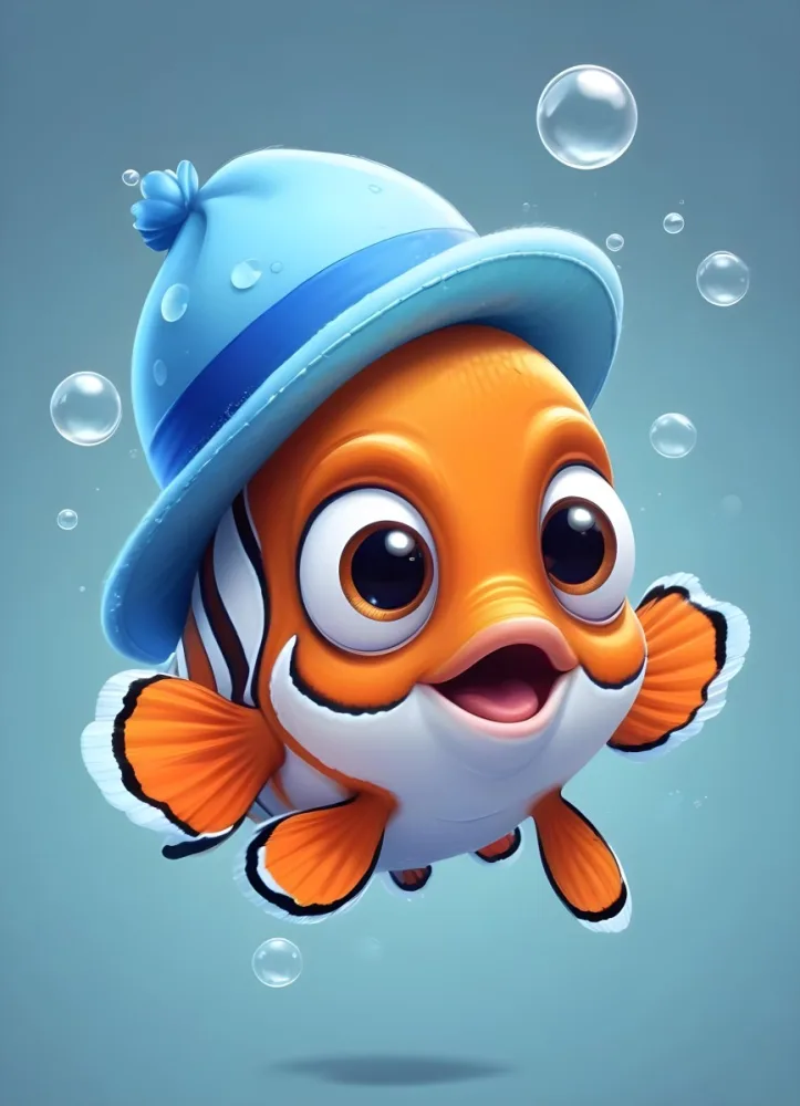 Digital Painting A Cute Cartoon Clownfish Wearing A Blue Hat Surrounded By Bubbles Against A Light Blue Background Bold And Slim Lines Brush Strokes 1 9eb5