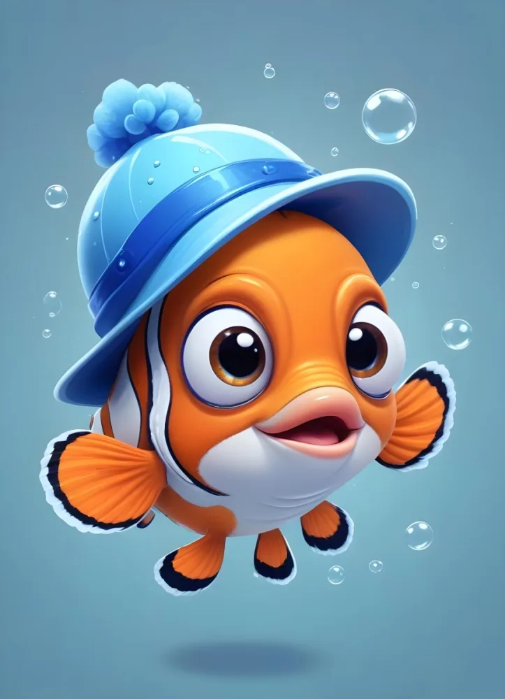 Digital Painting A Cute Cartoon Clownfish Wearing A Blue Hat Surrounded By Bubbles Against A Light Blue Background Bold And Slim Lines Brush Strokes 2 57d1