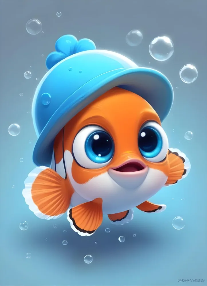 Digital Painting A Cute Cartoon Clownfish Wearing A Blue Hat Surrounded By Bubbles Against A Light Blue Background Bold And Slim Lines Brush Strokes 4 Fe9f