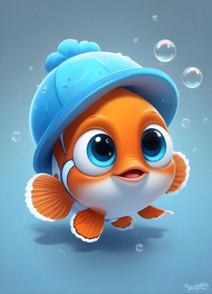 Digital Painting A Cute Cartoon Clownfish Wearing A Blue Hat Surrounded By Bubbles Against A Light Blue Background Bold And Slim Lines Brush Strokes 5 0461