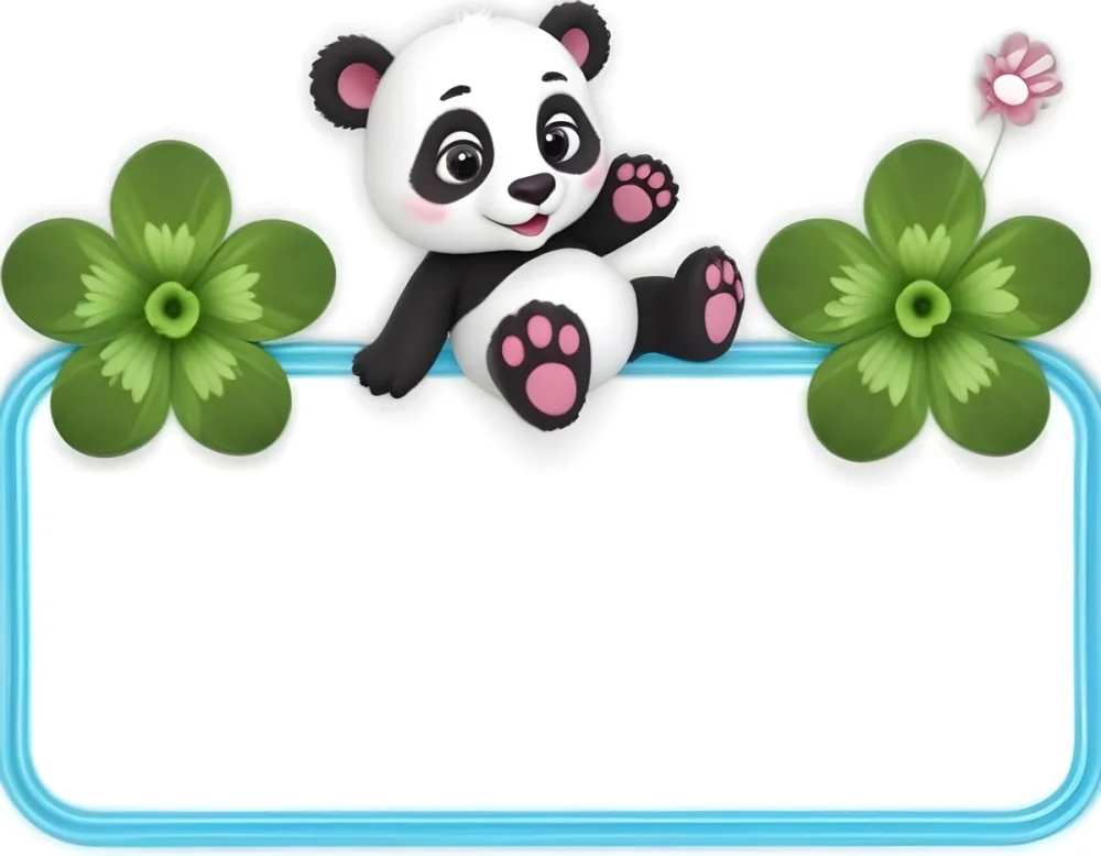 Digital Painting A Cute Cartoon Panda With A White Face And Black Ears Sitting And Waving The Panda Has Large Expressive Eyes And Pink Paw Pads On Either Side Of The Panda There Are Green Flowers With Rounded Peta 21 427d