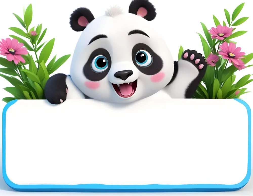 Digital Painting A Cute Cartoon Panda With A White Face And Black Ears Sitting And Waving The Panda Has Large Expressive Eyes And Pink Paw Pads On Either Side Of The Panda There Are Green Flowers With Rounded Peta 34 5872
