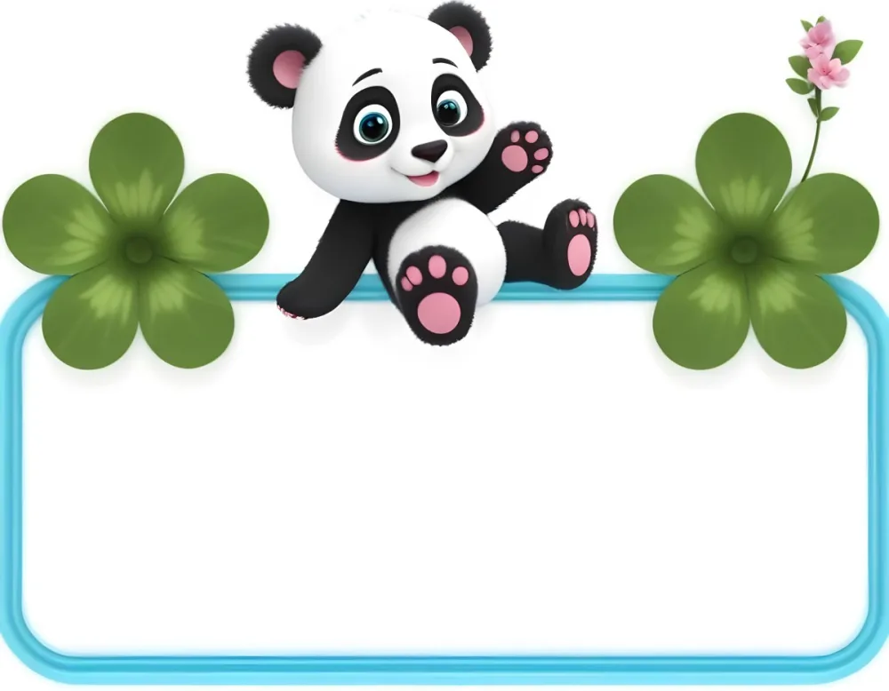 Digital Painting A Cute Cartoon Panda With A White Face And Black Ears Sitting And Waving The Panda Has Large Expressive Eyes And Pink Paw Pads On Either Side Of The Panda There Are Green Flowers With Rounded Peta 4 5108