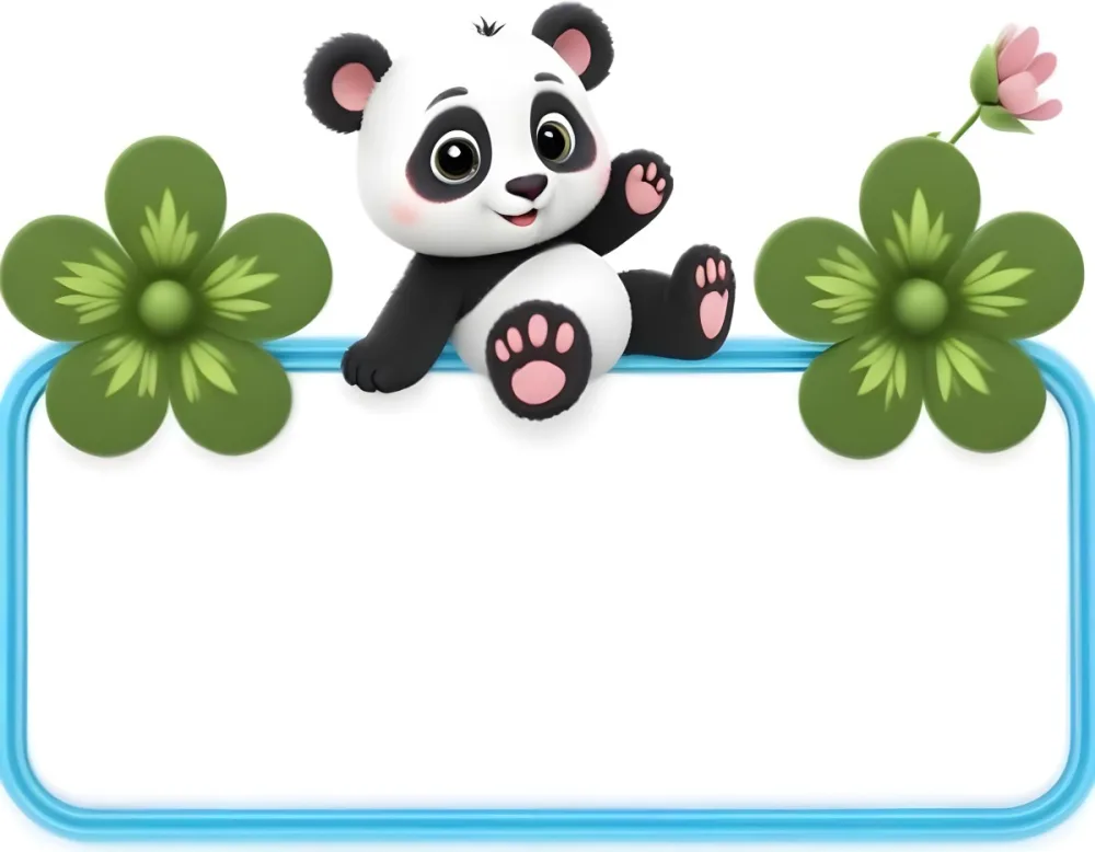 Digital Painting A Cute Cartoon Panda With A White Face And Black Ears Sitting And Waving The Panda Has Large Expressive Eyes And Pink Paw Pads On Either Side Of The Panda There Are Green Flowers With Rounded Peta 43 8dbd