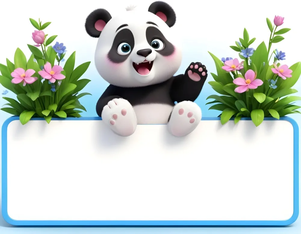 Digital Painting A Cute Cartoon Panda With A White Face And Black Ears Sitting And Waving The Panda Has Large Expressive Eyes And Pink Paw Pads On Either Side Of The Panda There Are Green Flowers With Rounded Peta 48 447e