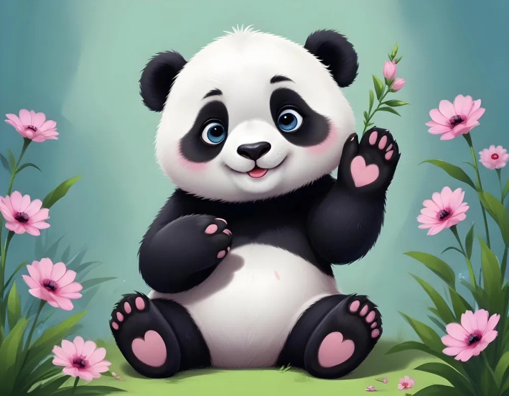 Digital Painting A Cute Cartoon Panda With A White Face And Black Ears Sitting And Waving The Panda Has Large Expressive Eyes And Pink Paw Pads On Either Side Of The Panda There Are Green Flowers With Rounded Peta 57 3fc4
