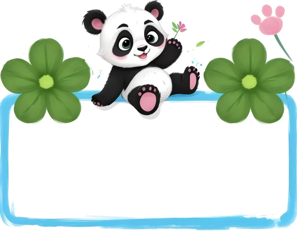 Digital Painting A Cute Cartoon Panda With A White Face And Black Ears Sitting And Waving The Panda Has Large Expressive Eyes And Pink Paw Pads On Either Side Of The Panda There Are Green Flowers With Rounded Peta 66 8c68