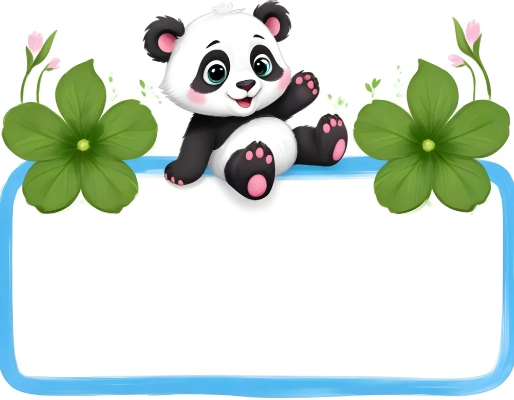 Digital Painting A Cute Cartoon Panda With A White Face And Black Ears Sitting And Waving The Panda Has Large Expressive Eyes And Pink Paw Pads On Either Side Of The Panda There Are Green Flowers With Rounded Peta 67 6b30