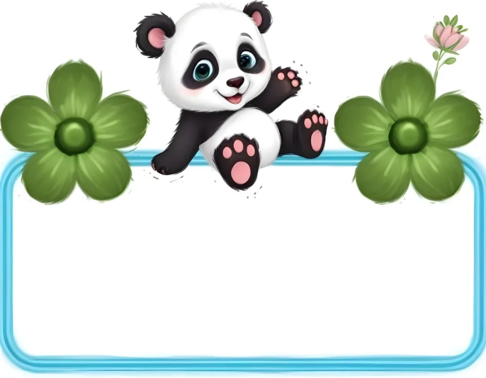 Digital Painting A Cute Cartoon Panda With A White Face And Black Ears Sitting And Waving The Panda Has Large Expressive Eyes And Pink Paw Pads On Either Side Of The Panda There Are Green Flowers With Rounded Peta 68 Da6c