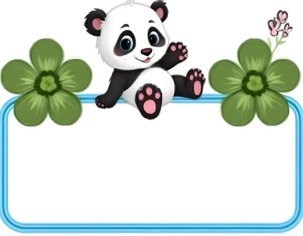 Digital Painting A Cute Cartoon Panda With A White Face And Black Ears Sitting And Waving The Panda Has Large Expressive Eyes And Pink Paw Pads On Either Side Of The Panda There Are Green Flowers With Rounded Peta 69 5215