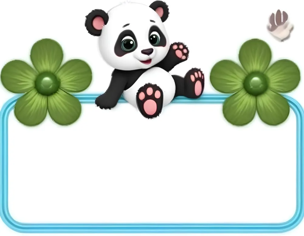 Digital Painting A Cute Cartoon Panda With A White Face And Black Ears Sitting And Waving The Panda Has Large Expressive Eyes And Pink Paw Pads On Either Side Of The Panda There Are Green Flowers With Rounded Peta 7 586c