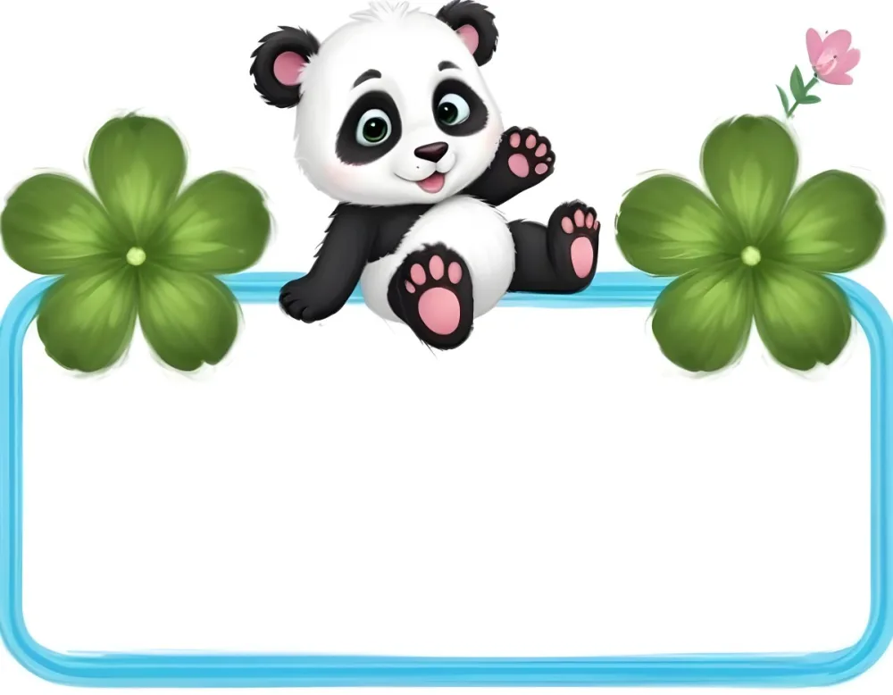 Digital Painting A Cute Cartoon Panda With A White Face And Black Ears Sitting And Waving The Panda Has Large Expressive Eyes And Pink Paw Pads On Either Side Of The Panda There Are Green Flowers With Rounded Peta 70 0d3a