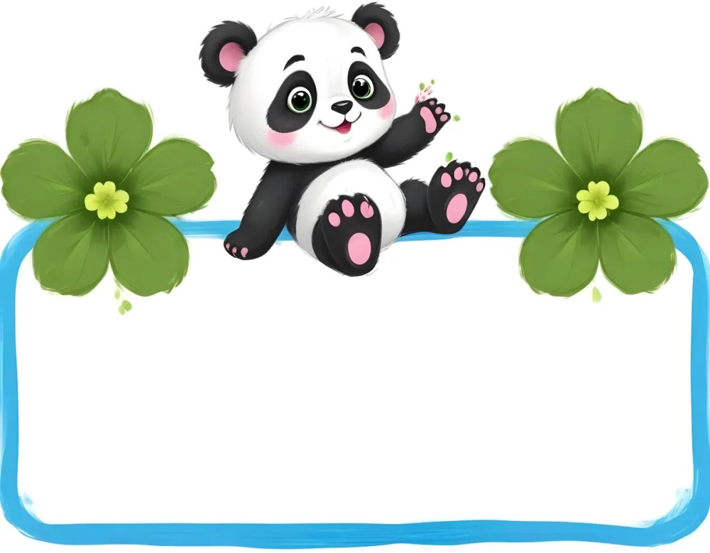 Digital Painting A Cute Cartoon Panda With A White Face And Black Ears Sitting And Waving The Panda Has Large Expressive Eyes And Pink Paw Pads On Either Side Of The Panda There Are Green Flowers With Rounded Peta 71 49e5