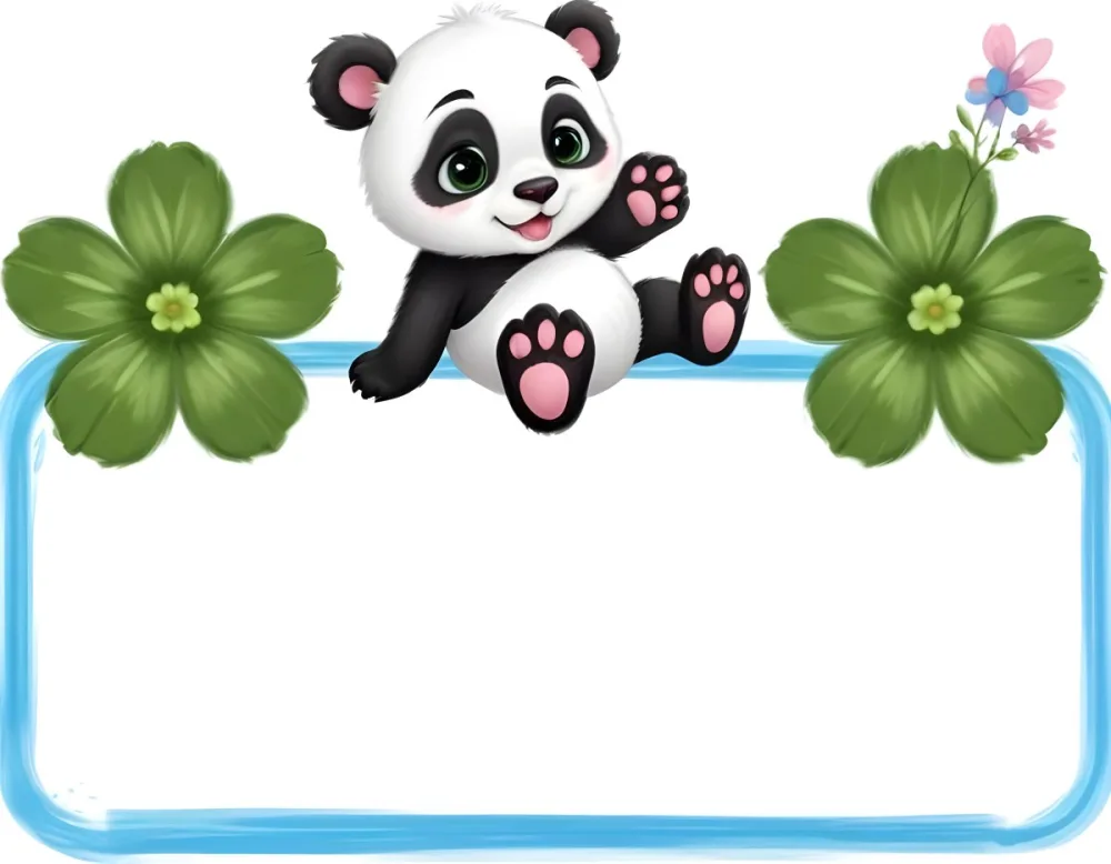 Digital Painting A Cute Cartoon Panda With A White Face And Black Ears Sitting And Waving The Panda Has Large Expressive Eyes And Pink Paw Pads On Either Side Of The Panda There Are Green Flowers With Rounded Peta 72 32d5