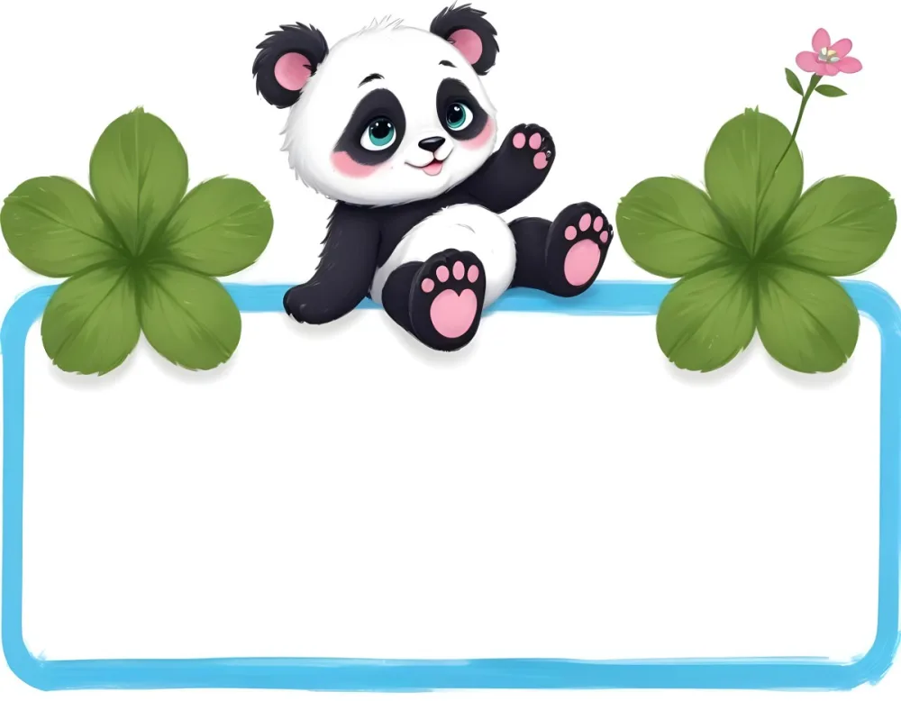 Digital Painting A Cute Cartoon Panda With A White Face And Black Ears Sitting And Waving The Panda Has Large Expressive Eyes And Pink Paw Pads On Either Side Of The Panda There Are Green Flowers With Rounded Peta 73 B2fb