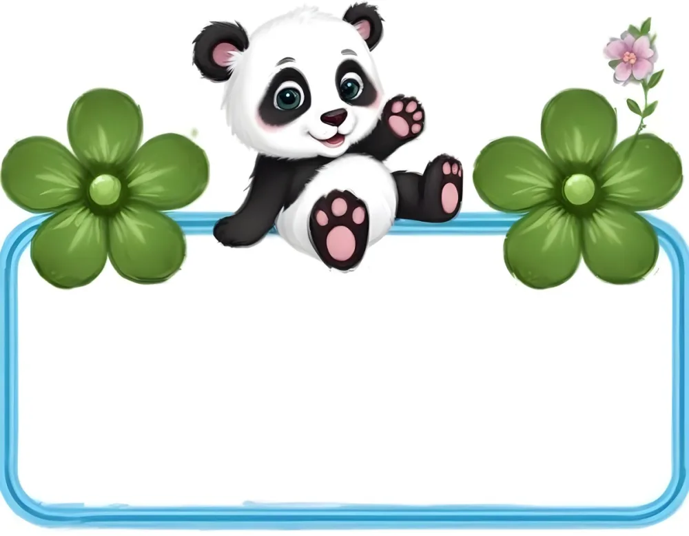 Digital Painting A Cute Cartoon Panda With A White Face And Black Ears Sitting And Waving The Panda Has Large Expressive Eyes And Pink Paw Pads On Either Side Of The Panda There Are Green Flowers With Rounded Peta 75 04fc