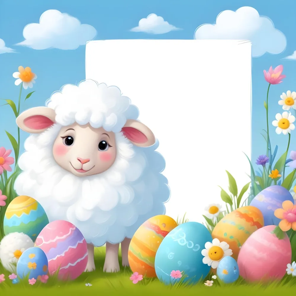 Digital Painting A Cute Cartoon Sheep With Fluffy White Wool And Rosy Cheeks Stands Beside A Blank White Rectangle The Sheep Has Large Expressive Eyes And Pink Ears Surrounding The Sheep Are Colorful Easter Eggs In 82 B77f