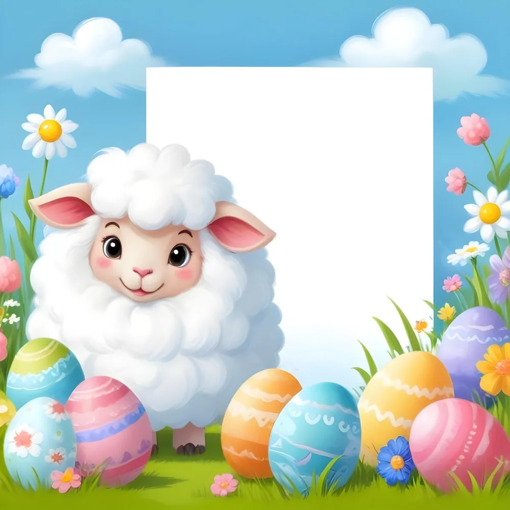 Digital Painting A Cute Cartoon Sheep With Fluffy White Wool And Rosy Cheeks Stands Beside A Blank White Rectangle The Sheep Has Large Expressive Eyes And Pink Ears Surrounding The Sheep Are Colorful Easter Eggs In 83 2b27