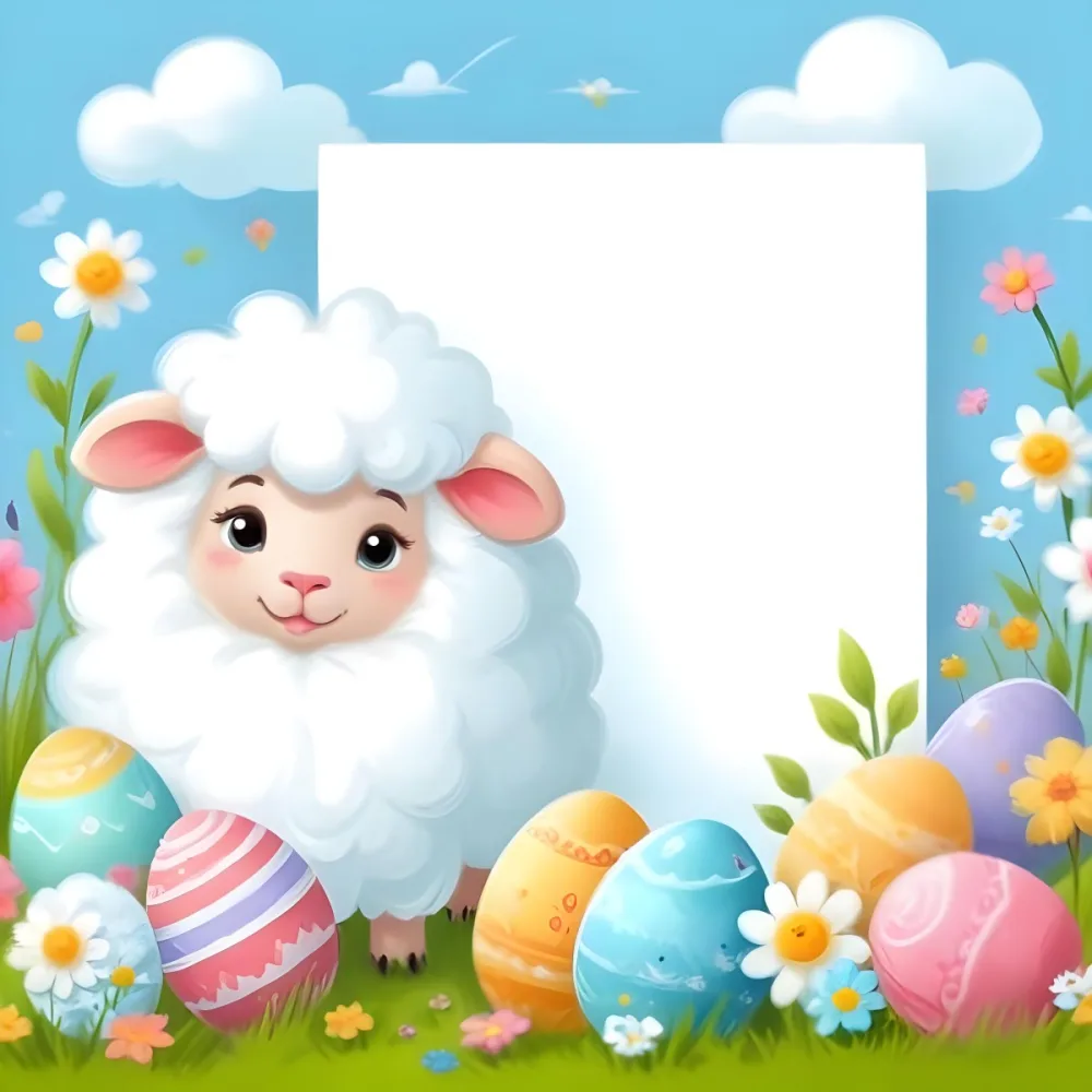 Digital Painting A Cute Cartoon Sheep With Fluffy White Wool And Rosy Cheeks Stands Beside A Blank White Rectangle The Sheep Has Large Expressive Eyes And Pink Ears Surrounding The Sheep Are Colorful Easter Eggs In 84 4f16