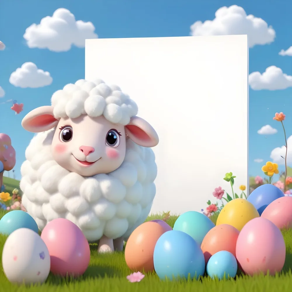 Digital Painting A Cute Cartoon Sheep With Fluffy White Wool And Rosy Cheeks Stands Beside A Blank White Rectangle The Sheep Has Large Expressive Eyes And Pink Ears Surrounding The Sheep Are Colorful Easter Eggs In 9 D862