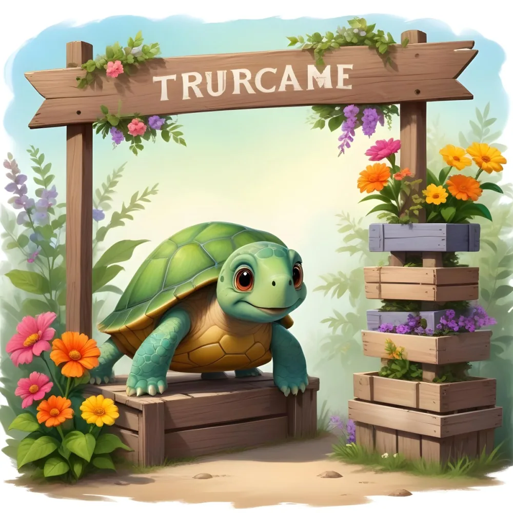 Digital Painting A Cute Green Turtle With Big Expressive Eyes Stands Next To A Wooden Signpost The Turtle Has A Green Shell And A Friendly Smile In The Background There Is A Blank Wooden Sign Framed By Colorful Flow 11 D61d