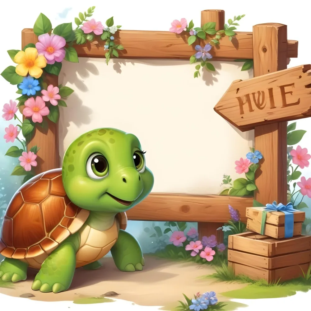 Digital Painting A Cute Green Turtle With Big Expressive Eyes Stands Next To A Wooden Signpost The Turtle Has A Green Shell And A Friendly Smile In The Background There Is A Blank Wooden Sign Framed By Colorful Flow 15 C7bc