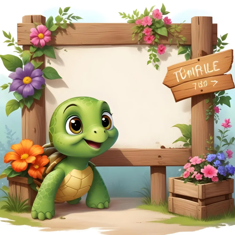 Digital Painting A Cute Green Turtle With Big Expressive Eyes Stands Next To A Wooden Signpost The Turtle Has A Green Shell And A Friendly Smile In The Background There Is A Blank Wooden Sign Framed By Colorful Flow 19 9281