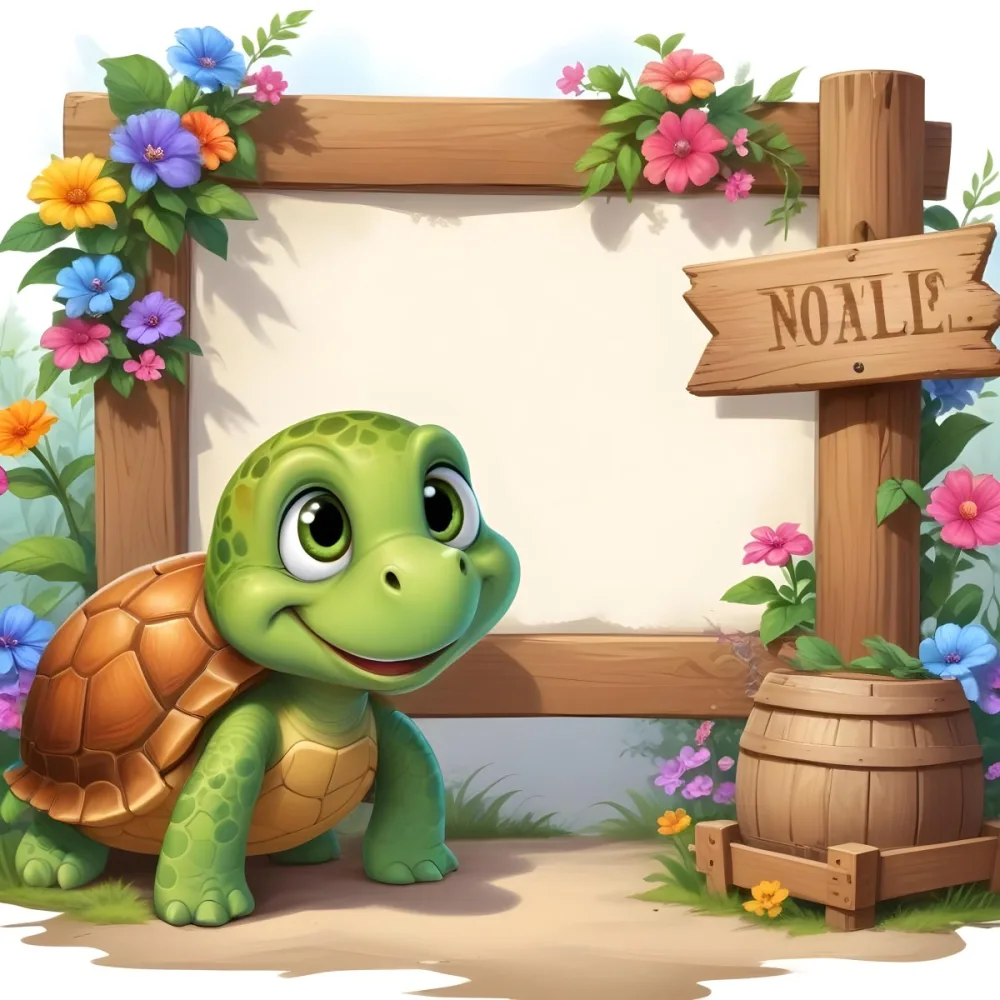 Digital Painting A Cute Green Turtle With Big Expressive Eyes Stands Next To A Wooden Signpost The Turtle Has A Green Shell And A Friendly Smile In The Background There Is A Blank Wooden Sign Framed By Colorful Flow 21 549f