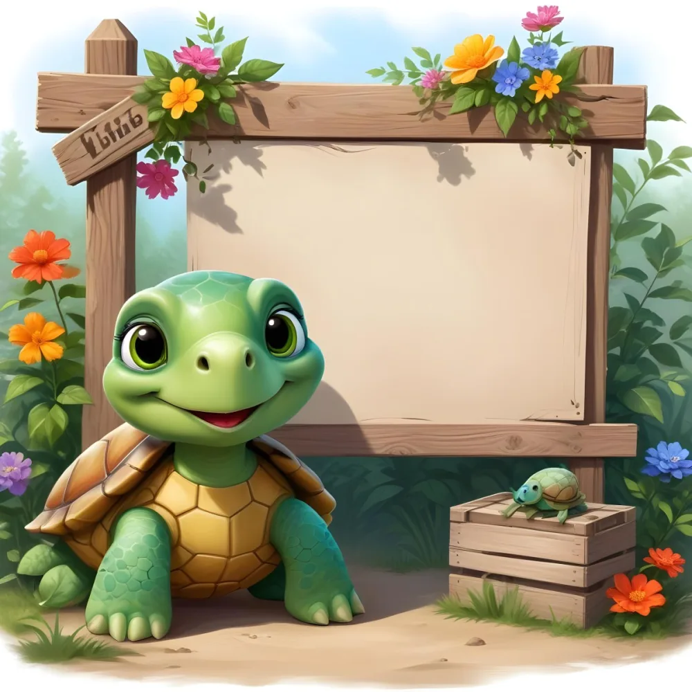 Digital Painting A Cute Green Turtle With Big Expressive Eyes Stands Next To A Wooden Signpost The Turtle Has A Green Shell And A Friendly Smile In The Background There Is A Blank Wooden Sign Framed By Colorful Flow 25 37b1