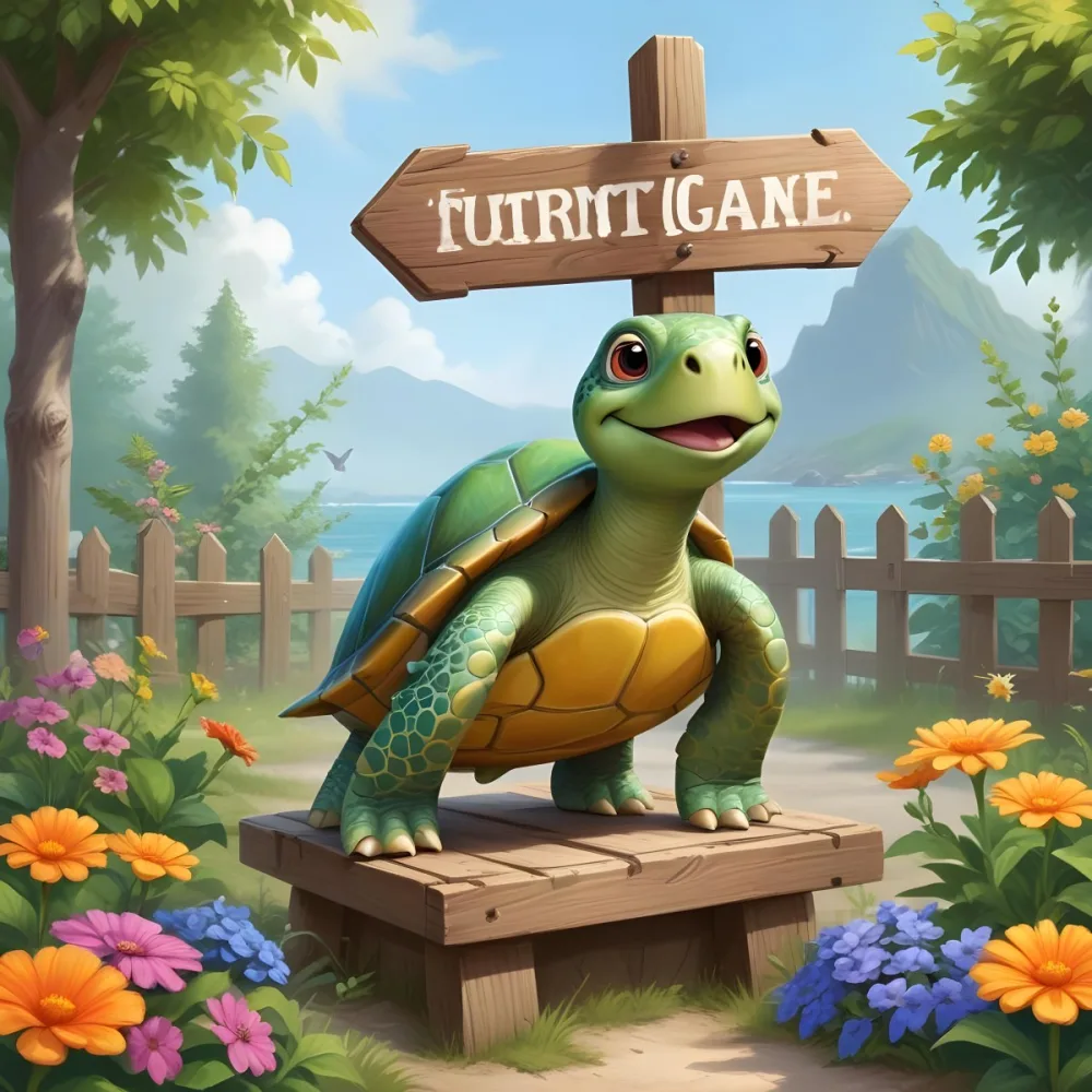 Digital Painting A Cute Green Turtle With Big Expressive Eyes Stands Next To A Wooden Signpost The Turtle Has A Green Shell And A Friendly Smile In The Background There Is A Blank Wooden Sign Framed By Colorful Flow 29 Fa65