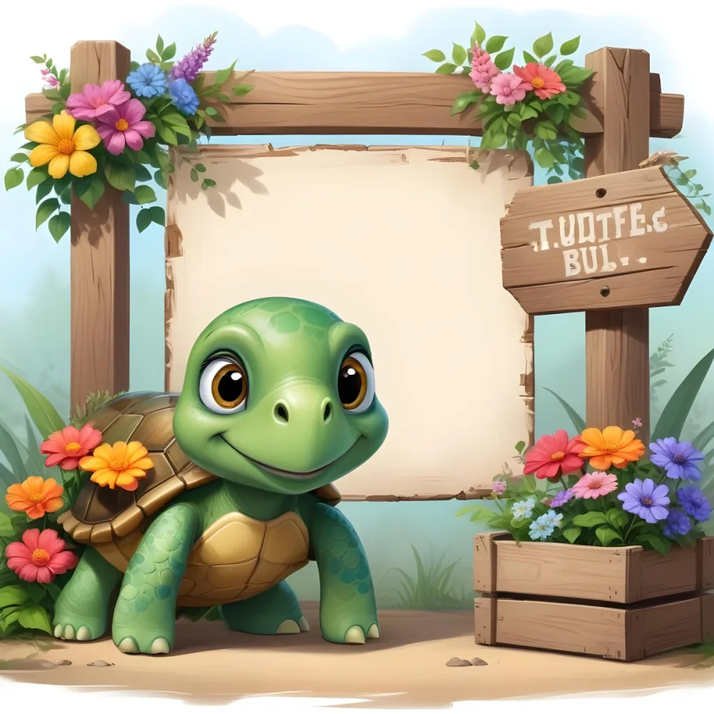Digital Painting A Cute Green Turtle With Big Expressive Eyes Stands Next To A Wooden Signpost The Turtle Has A Green Shell And A Friendly Smile In The Background There Is A Blank Wooden Sign Framed By Colorful Flow 30 A246