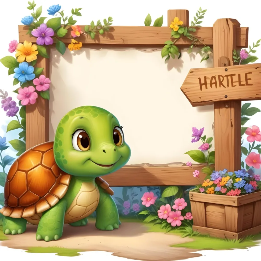 Digital Painting A Cute Green Turtle With Big Expressive Eyes Stands Next To A Wooden Signpost The Turtle Has A Green Shell And A Friendly Smile In The Background There Is A Blank Wooden Sign Framed By Colorful Flow 38 Fd07