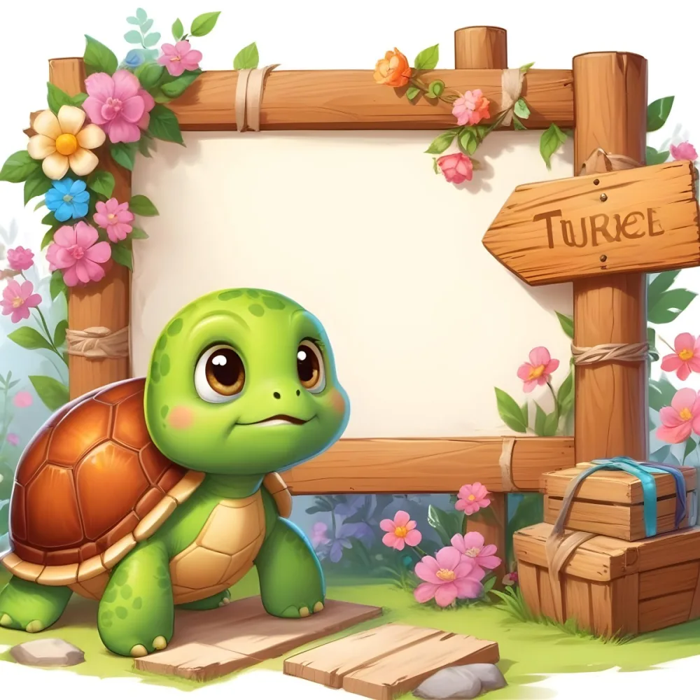 Digital Painting A Cute Green Turtle With Big Expressive Eyes Stands Next To A Wooden Signpost The Turtle Has A Green Shell And A Friendly Smile In The Background There Is A Blank Wooden Sign Framed By Colorful Flow 40 Cd55