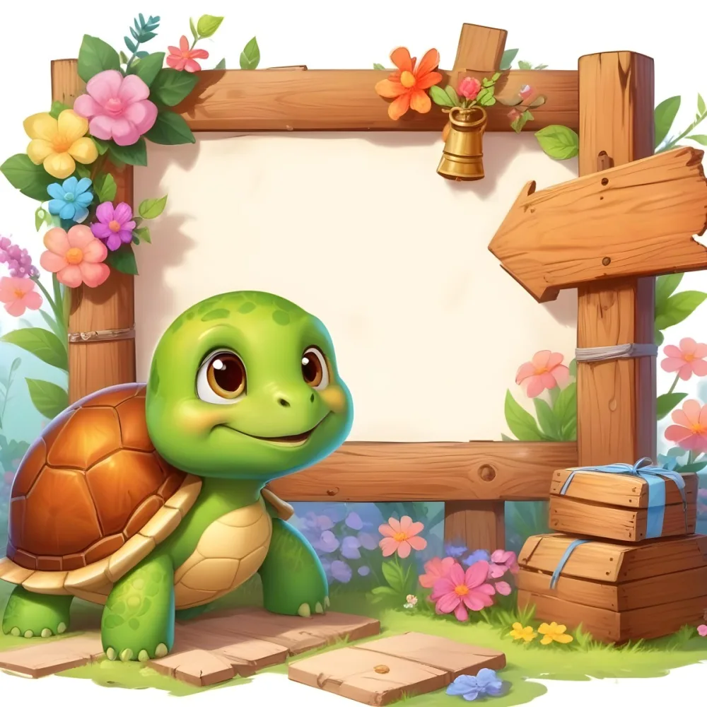 Digital Painting A Cute Green Turtle With Big Expressive Eyes Stands Next To A Wooden Signpost The Turtle Has A Green Shell And A Friendly Smile In The Background There Is A Blank Wooden Sign Framed By Colorful Flow 41 E314