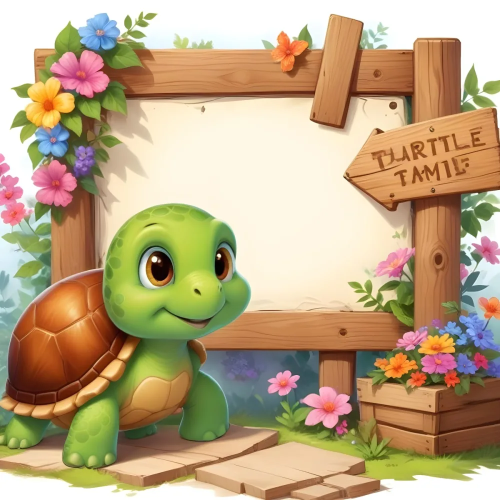 Digital Painting A Cute Green Turtle With Big Expressive Eyes Stands Next To A Wooden Signpost The Turtle Has A Green Shell And A Friendly Smile In The Background There Is A Blank Wooden Sign Framed By Colorful Flow 44 2b28