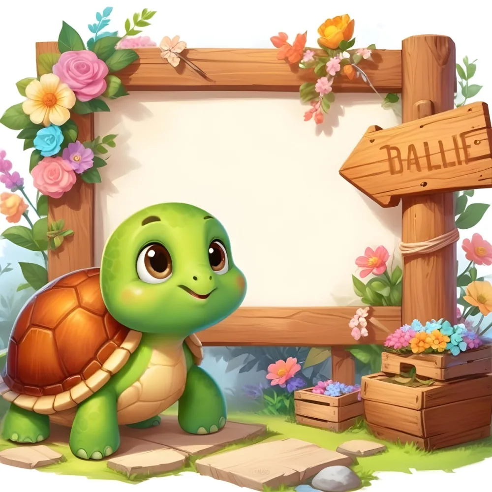 Digital Painting A Cute Green Turtle With Big Expressive Eyes Stands Next To A Wooden Signpost The Turtle Has A Green Shell And A Friendly Smile In The Background There Is A Blank Wooden Sign Framed By Colorful Flow 45 4659