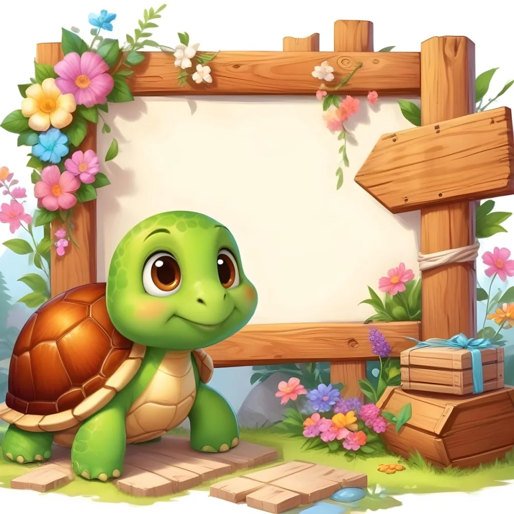 Digital Painting A Cute Green Turtle With Big Expressive Eyes Stands Next To A Wooden Signpost The Turtle Has A Green Shell And A Friendly Smile In The Background There Is A Blank Wooden Sign Framed By Colorful Flow 47 00f8