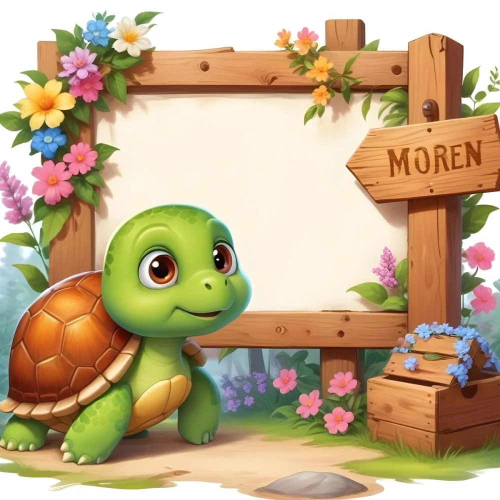 Digital Painting A Cute Green Turtle With Big Expressive Eyes Stands Next To A Wooden Signpost The Turtle Has A Green Shell And A Friendly Smile In The Background There Is A Blank Wooden Sign Framed By Colorful Flow 7 332c