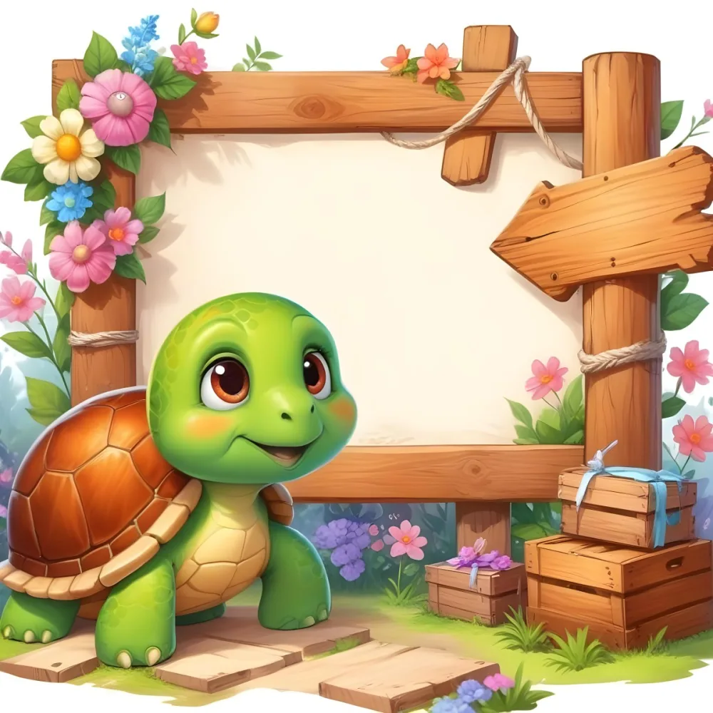 Digital Painting A Cute Green Turtle With Big Expressive Eyes Stands Next To A Wooden Signpost The Turtle Has A Green Shell And A Friendly Smile In The Background There Is A Blank Wooden Sign Framed By Colorful Flow 8 F823