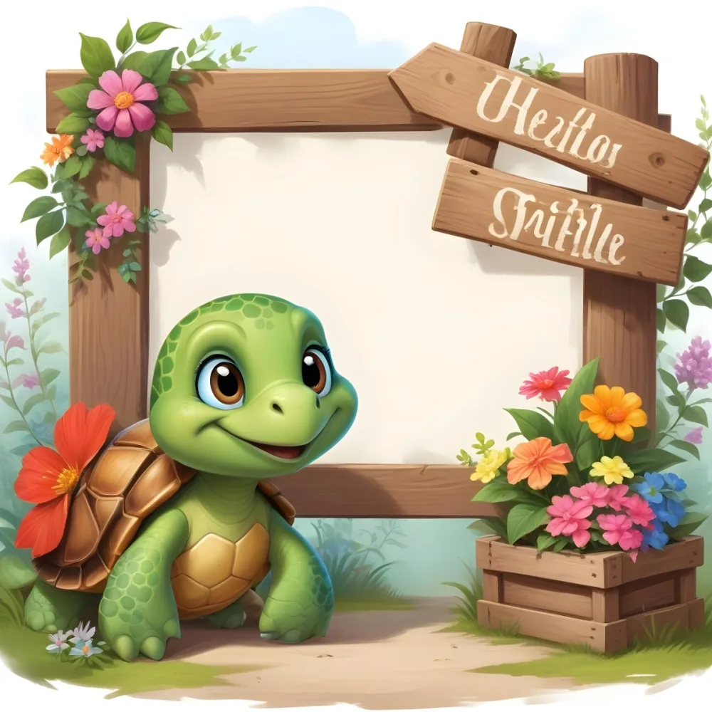 Digital Painting A Cute Green Turtle With Big Expressive Eyes Stands Next To A Wooden Signpost The Turtle Has A Green Shell And A Friendly Smile In The Background There Is A Blank Wooden Sign Framed By Colorful Flow 9 13f3